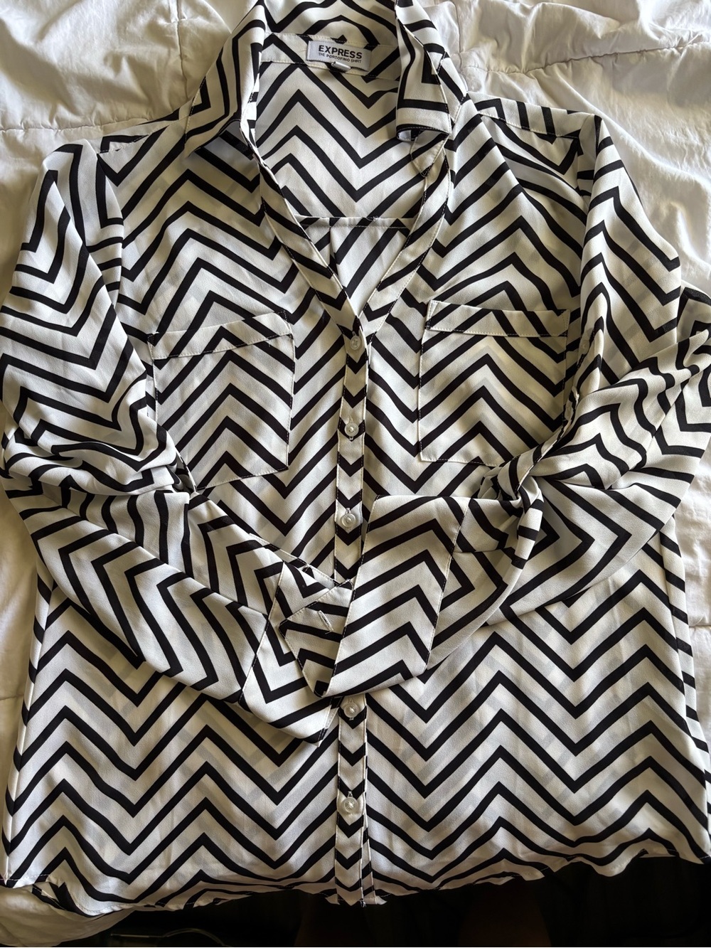 Express Black and White Chevron Button-Down Blouse
